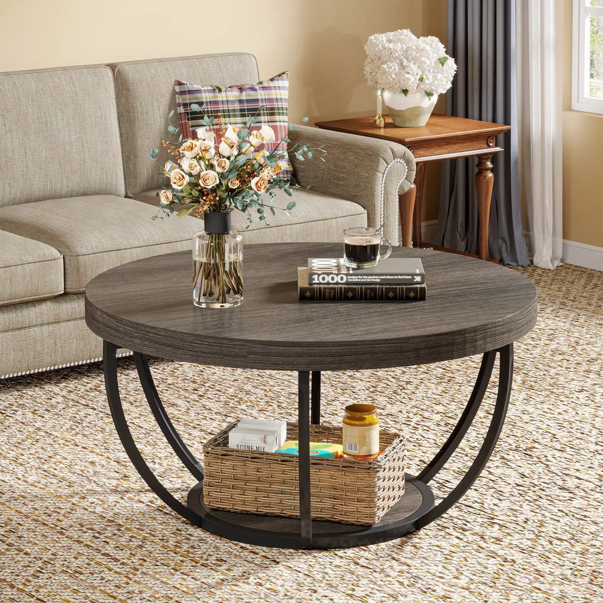 Table Basse Design Ronde Industrielle – 2 Niveaux Bois, 80 cm & 4 Coloris | Grove