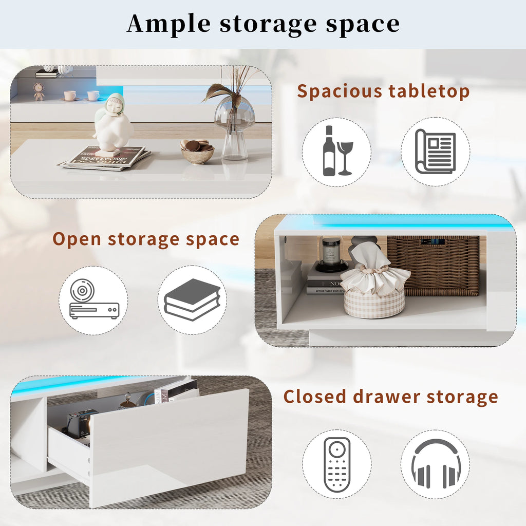Table Basse Design Blanche LED – Finition Haute Brillance, Tiroir & Capacité 50 kg | Blanc Satin