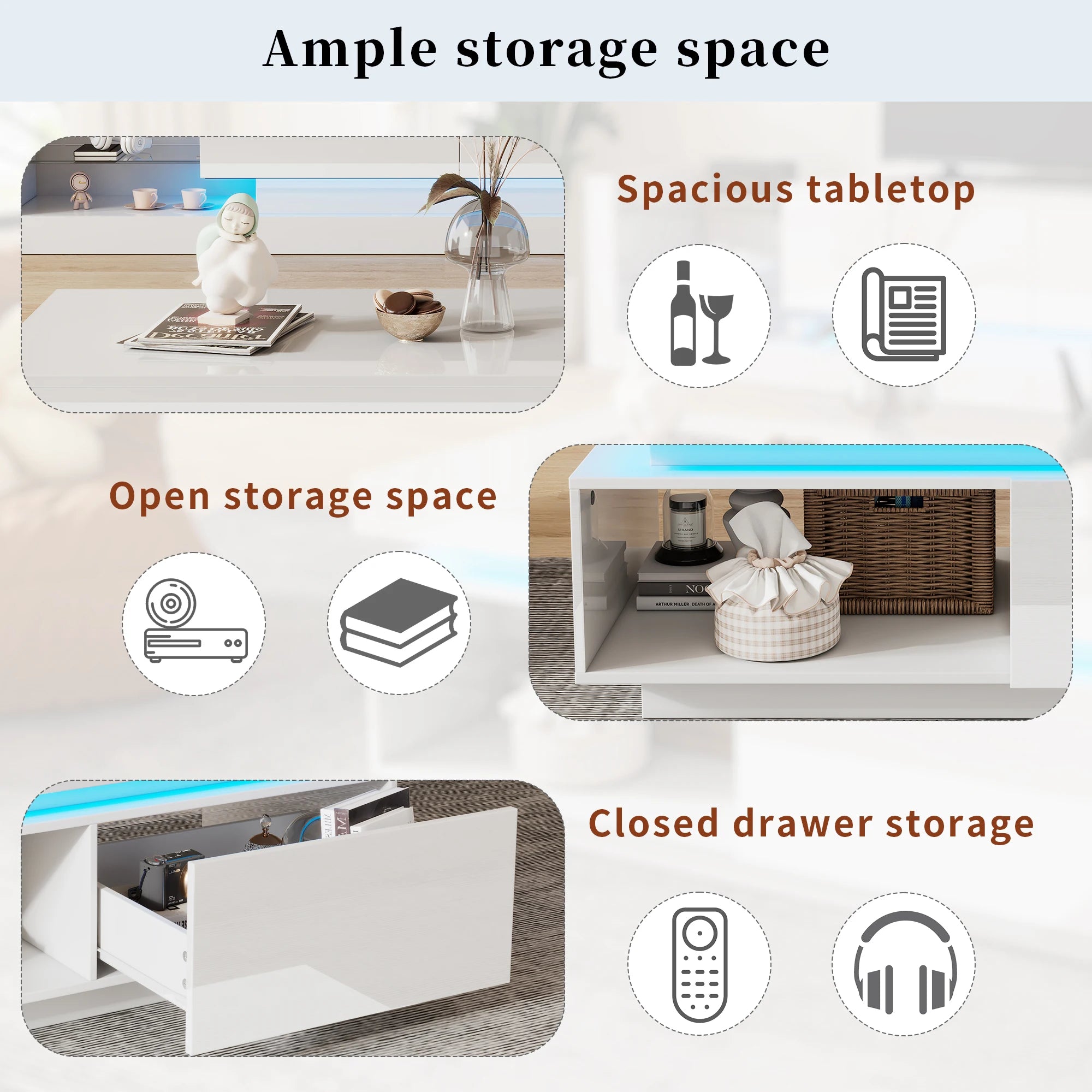 Table Basse Design Blanche LED – Finition Haute Brillance, Tiroir & Capacité 50 kg | Blanc Satin