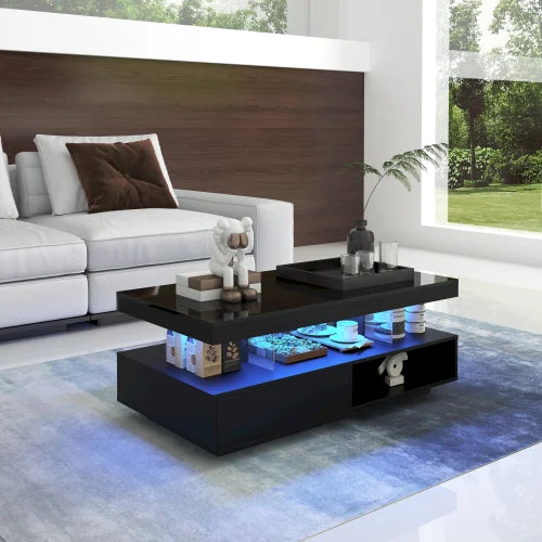 Table Basse Design XXL Noire – 4 Plateaux Verre, 2 Tiroirs & Finition Haute Brillance | Noir Prestige