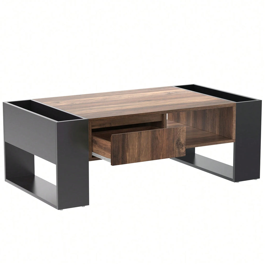 Table Basse Design Bois – Étagère Double Face, Tiroirs & Grain Naturel | Grain