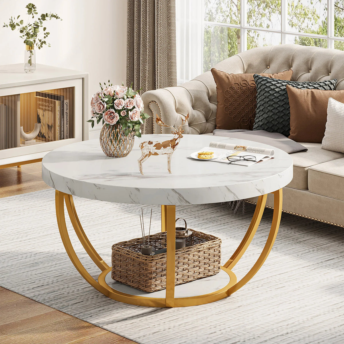 Table Basse Design Ronde Industrielle – 2 Niveaux Bois, 80 cm & 4 Coloris | Grove