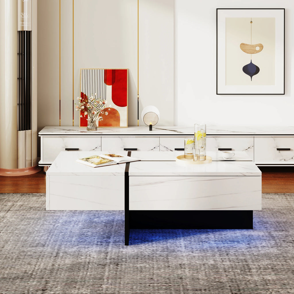 Table Basse Design Marbre Blanc LED – Éclairage Appli, 100×50 cm & Finition Luxe | Calacatta