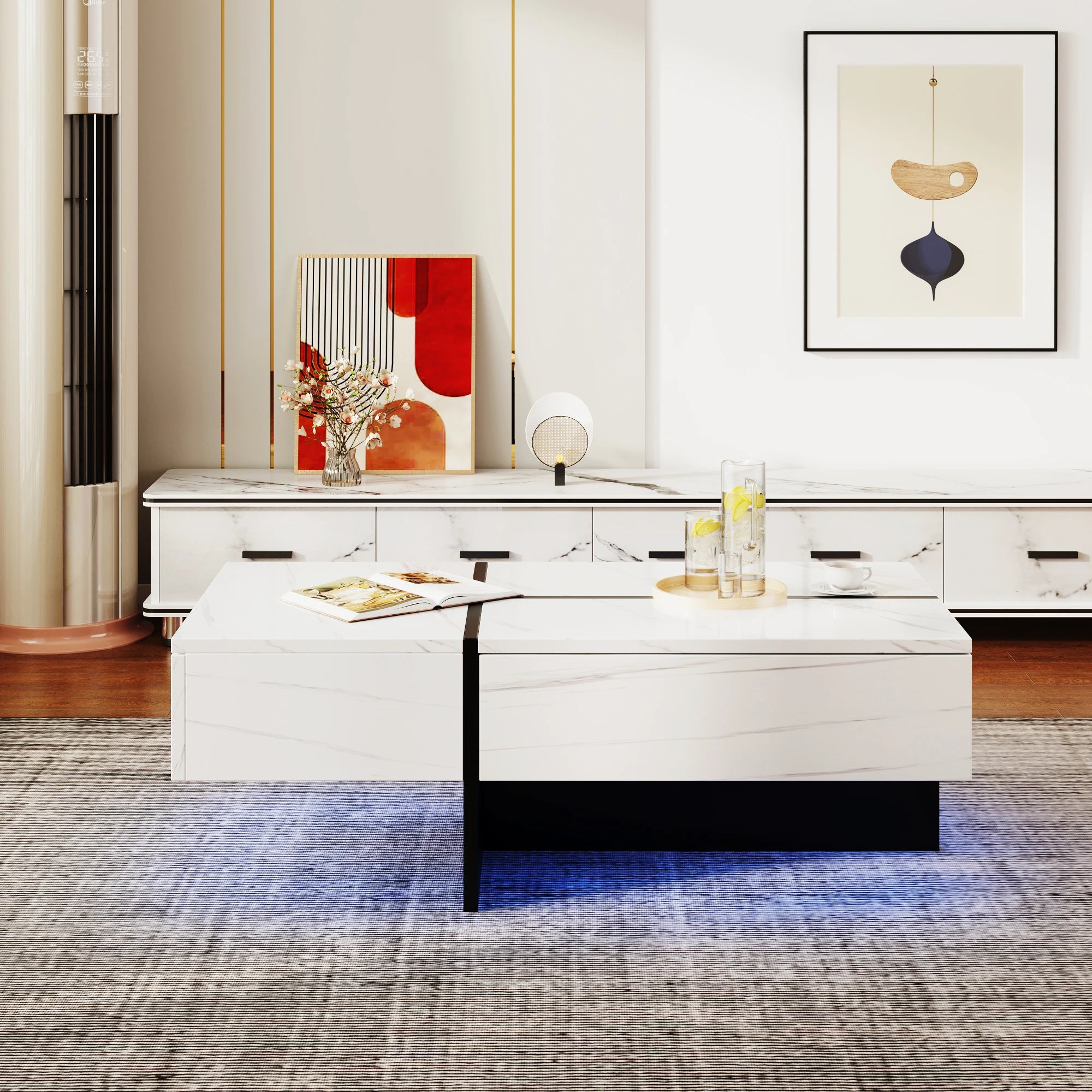 Table Basse Design Marbre Blanc LED – Éclairage Appli, 100×50 cm & Finition Luxe | Calacatta