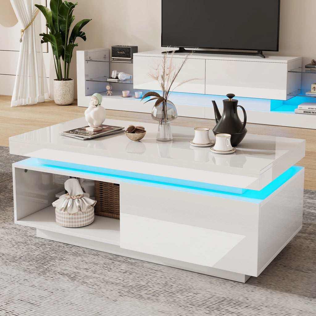 Table Basse Design Blanche LED – Finition Haute Brillance, Tiroir & Capacité 50 kg | Blanc Satin