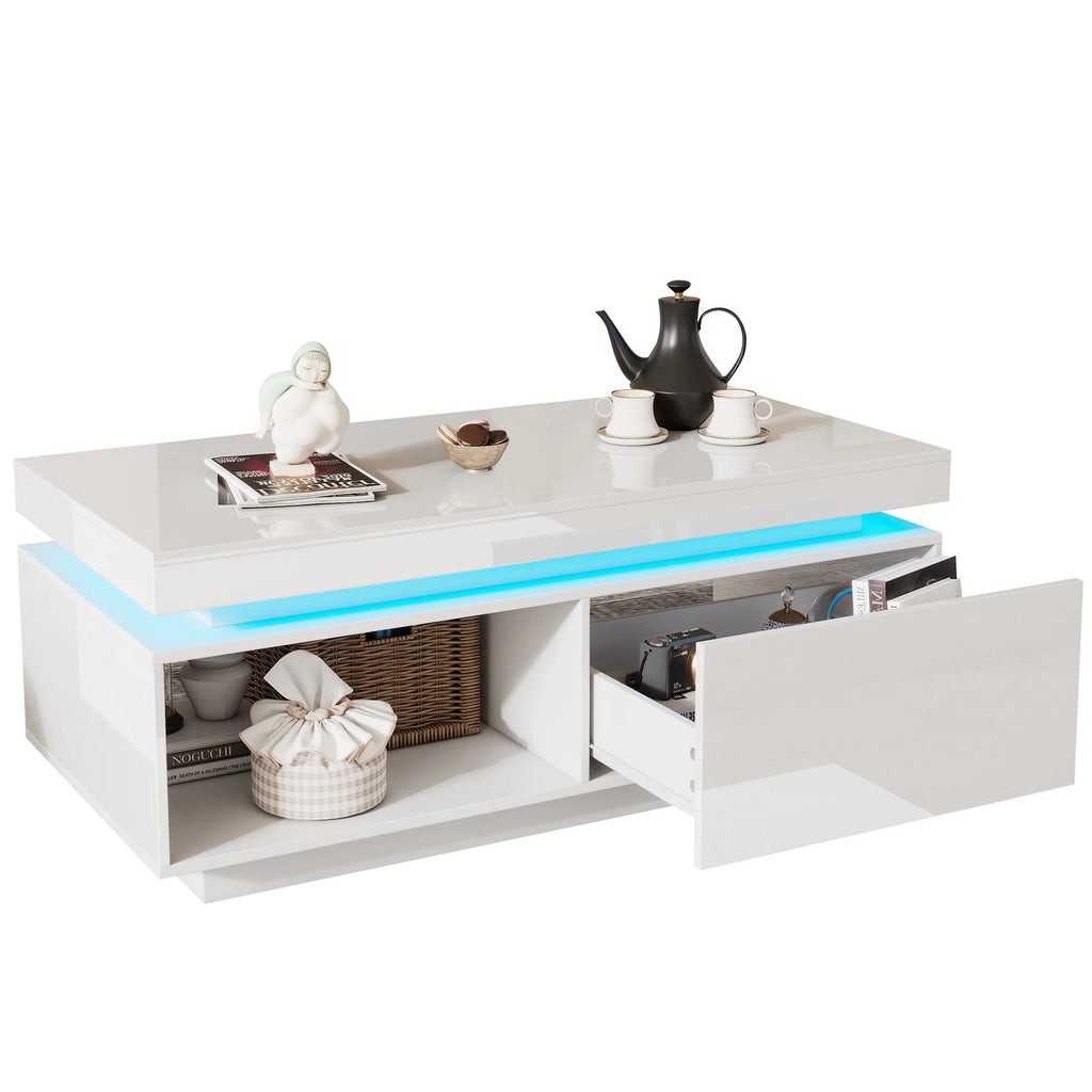 Table Basse Design Blanche LED – Finition Haute Brillance, Tiroir & Capacité 50 kg | Blanc Satin