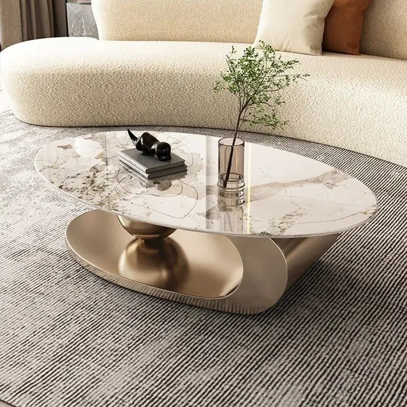 Table Basse Design Ovale – Effet Pierre Naturelle, Base Métal & 6 Formats | Silex