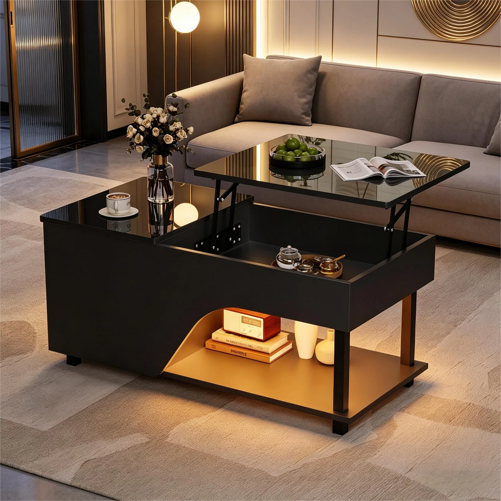 Table Basse Design LED – Plateau Élévatoire, Rangement Dissimulé & Étagère Latérale | Altus