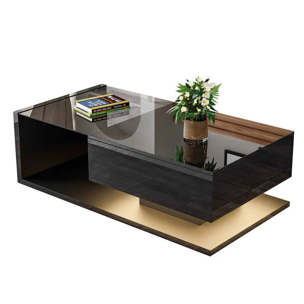Table Basse Design Noire Relevable LED – Rangement Compartiments & Finition Brillante | Eclipse