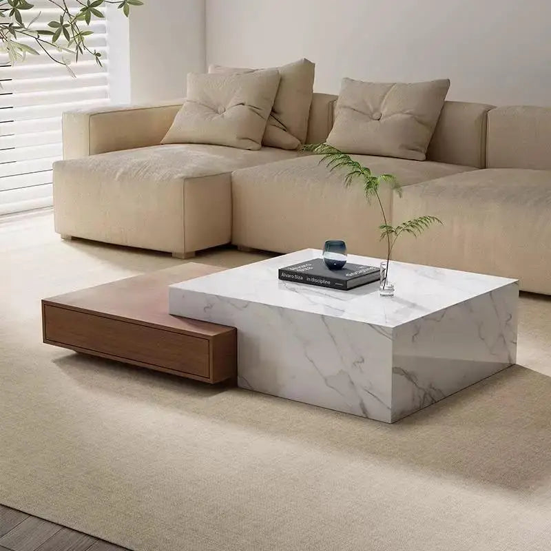 Table Basse Design Luxe – Plateau Marbre, Base Noyer & Rangement Intégré | Marmo