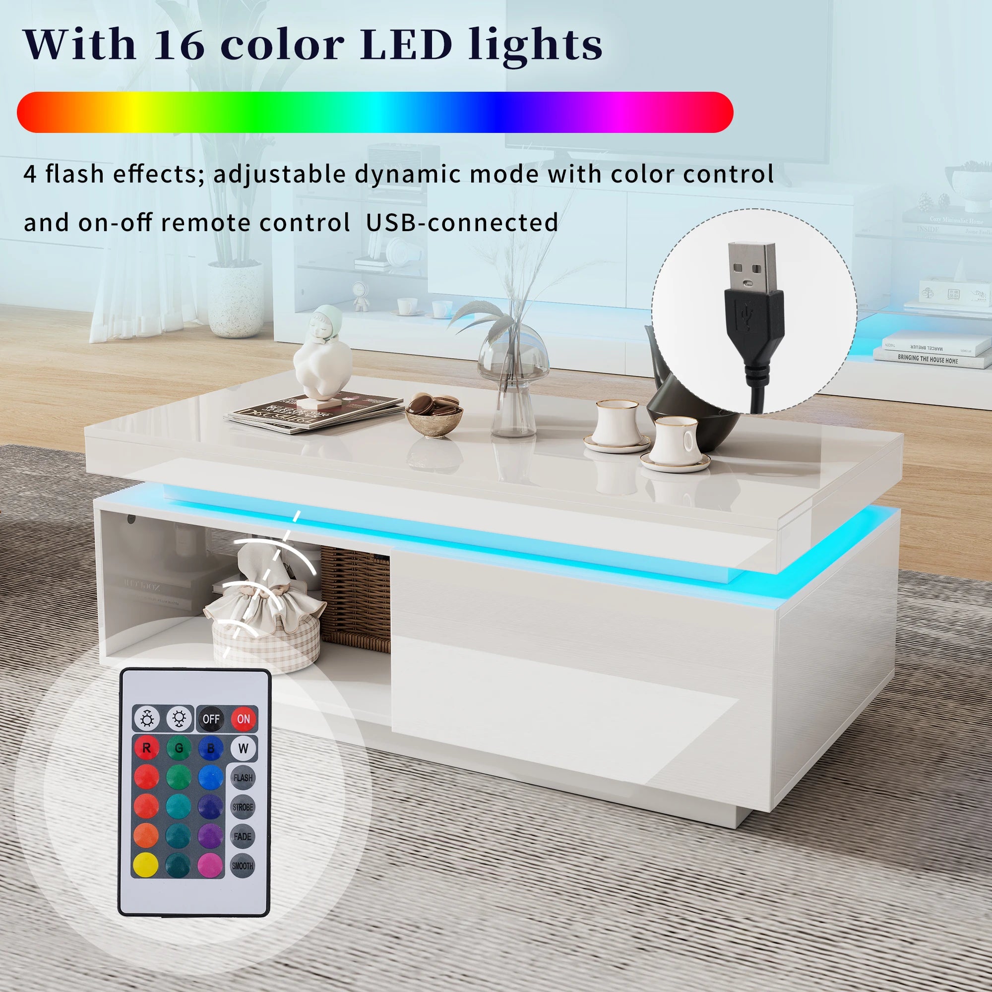 Table Basse Design Blanche LED – Finition Haute Brillance, Tiroir & Capacité 50 kg | Blanc Satin