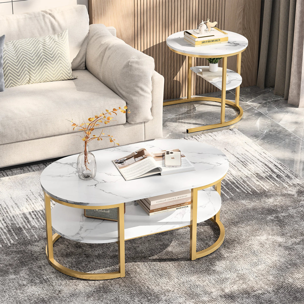 Tables Basses Design Gigognes – Set de 2, Aspect Marbre, Cadre Métal & Rangement | Duetto