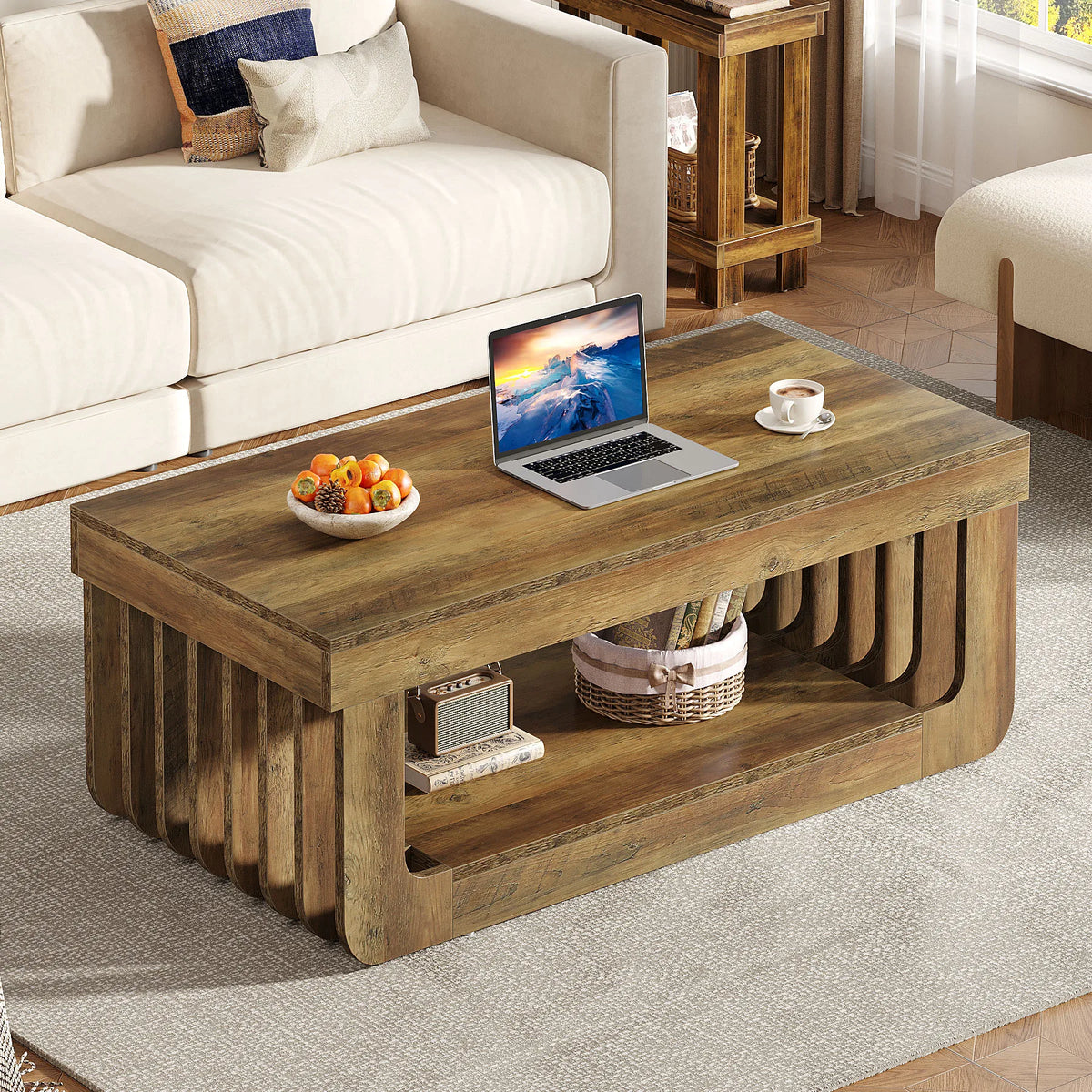 Table Basse Design Bois 2 Niveaux – Étagère de Rangement, Style Naturel | Timber