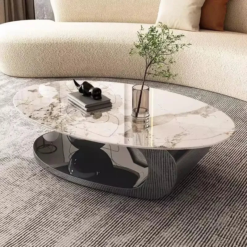 Table Basse Design Ovale – Effet Pierre Naturelle, Base Métal & 6 Formats | Silex