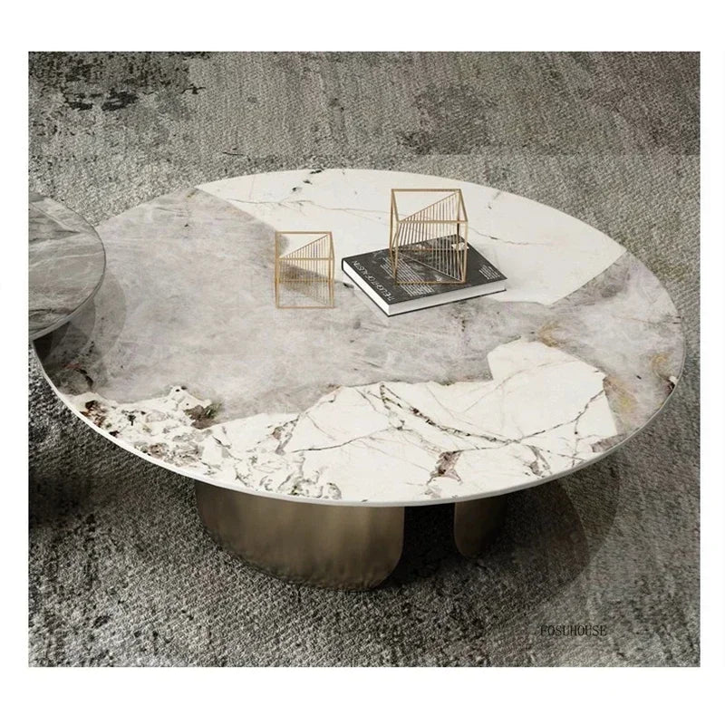 Table Basse Design Luxe Ronde – Pierre Naturelle, Base Métal & 22 Variantes | Pietra