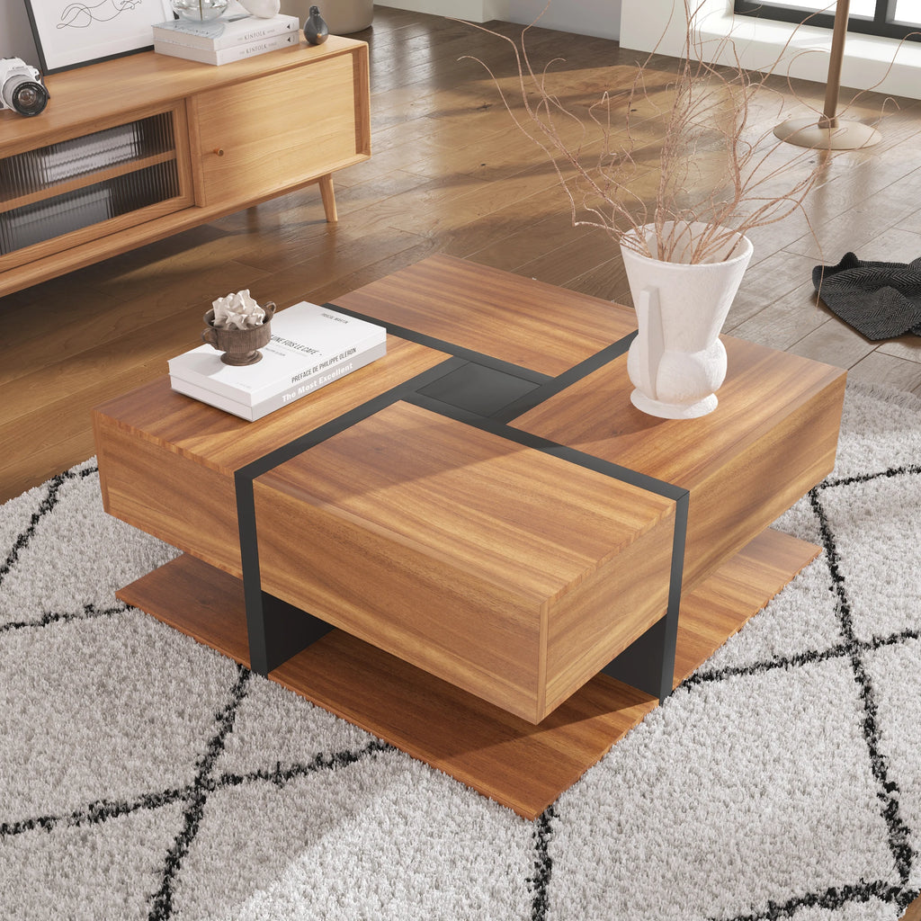 Table Basse Design Carrée – 4 Tiroirs, Étagère Intégrée & Finition Naturelle | Acajou