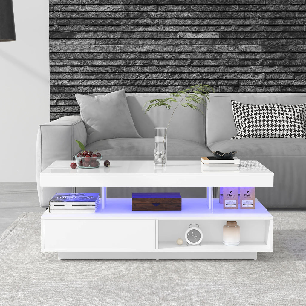 Table basse blanche à finition brillante 95x50x42,5 cm - avec 4 plateaux en verre, 2 tiroirs et 2 compartiments, table basse moderne XXL avec espace de rangement