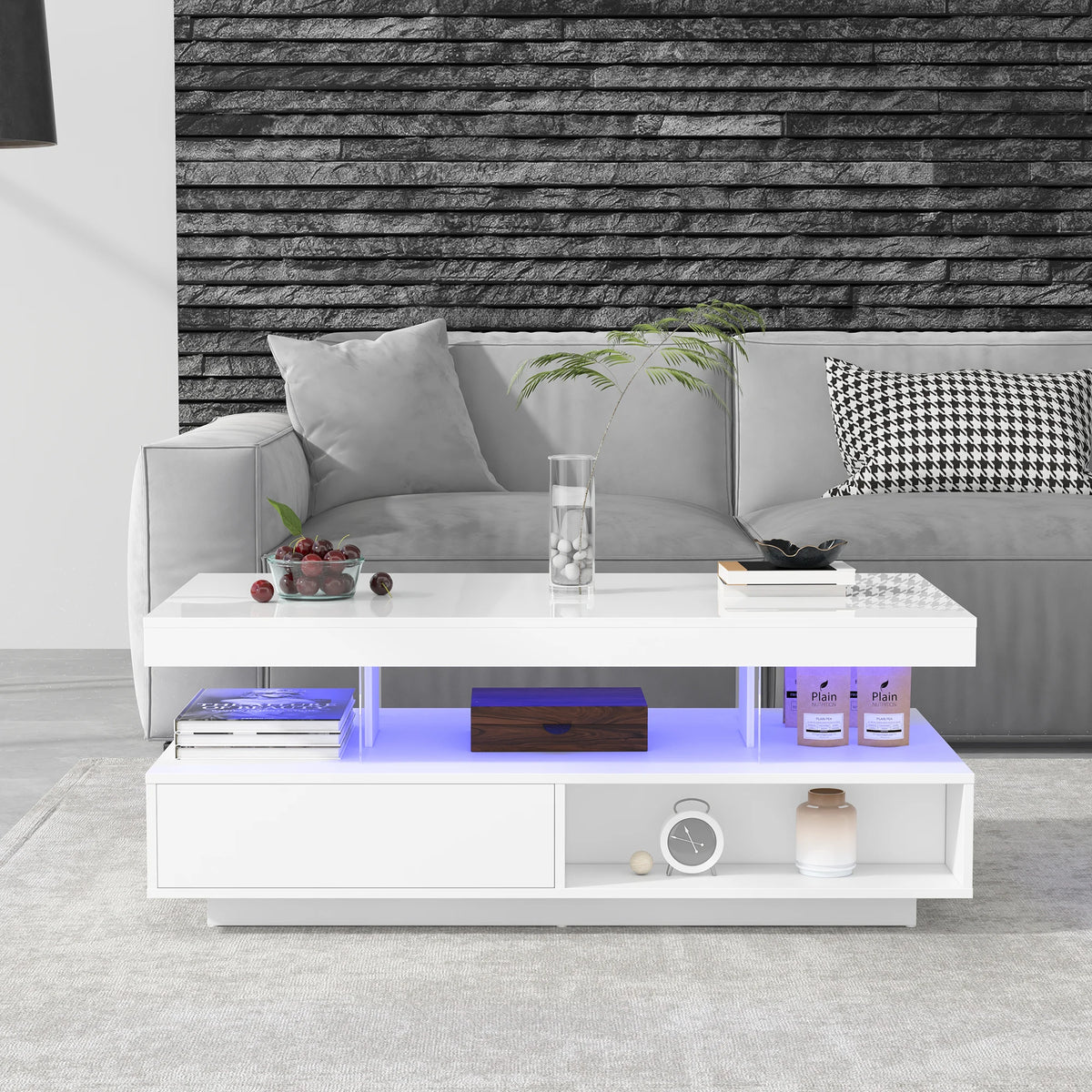 Table Basse Design XXL – 4 Plateaux Verre, 2 Tiroirs & Finition Haute Brillance | Iris
