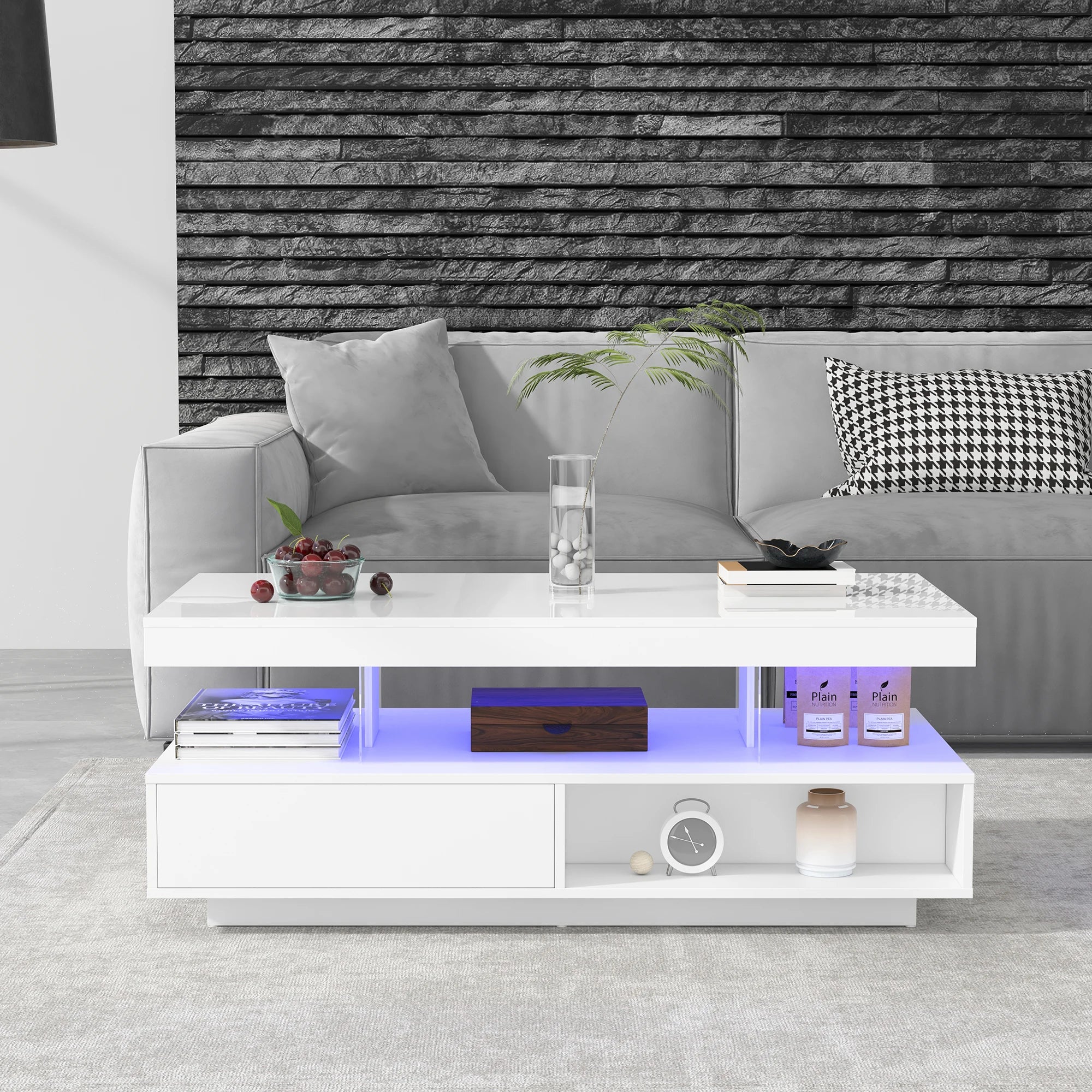 Table basse blanche à finition brillante 95x50x42,5 cm - avec 4 plateaux en verre, 2 tiroirs et 2 compartiments, table basse moderne XXL avec espace de rangement