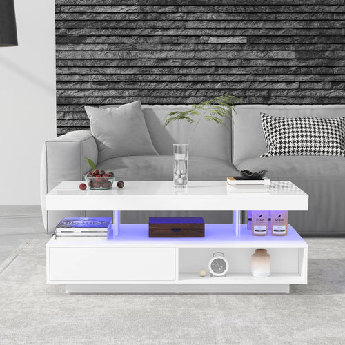 Table basse blanche à finition brillante 95x50x42,5 cm - avec 4 plateaux en verre, 2 tiroirs et 2 compartiments, table basse moderne XXL avec espace de rangement