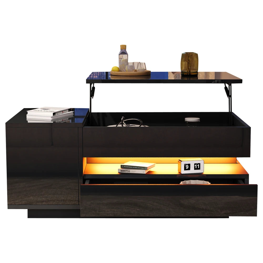 Table Basse Design Noire – Plateau Relevable, LED, Tiroir & Armoire de Rangement | Phantom