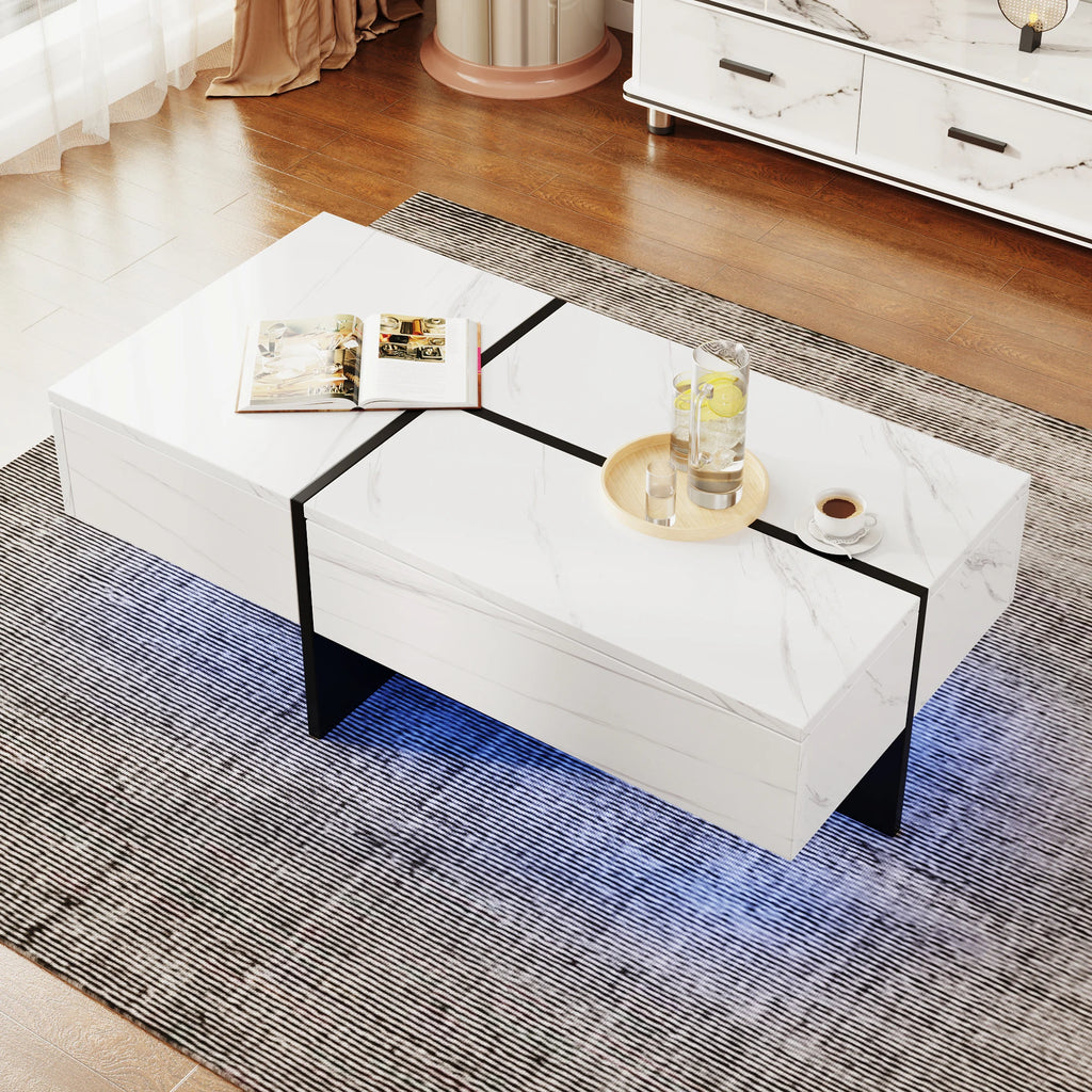 Table Basse Design Marbre Blanc LED – Éclairage Appli, 100×50 cm & Finition Luxe | Calacatta