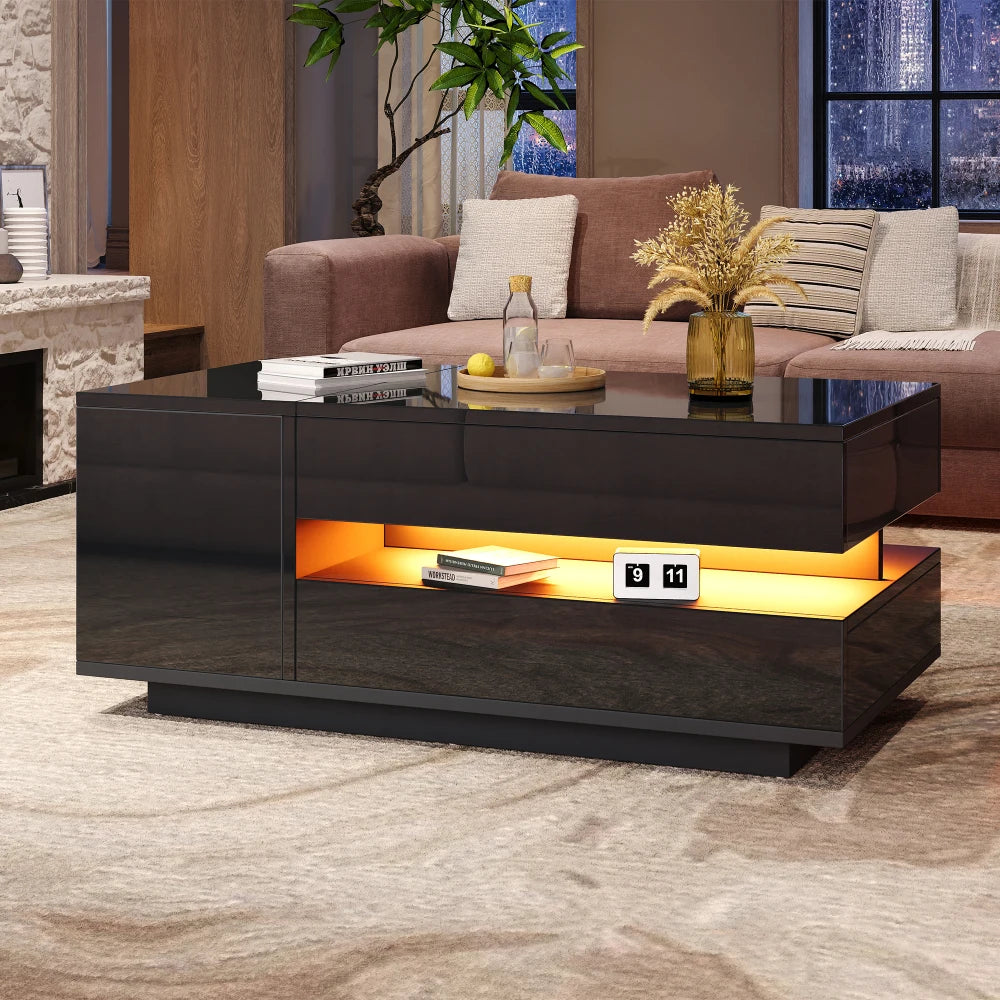 Table Basse Design Noire – Plateau Relevable, LED, Tiroir & Armoire de Rangement | Phantom