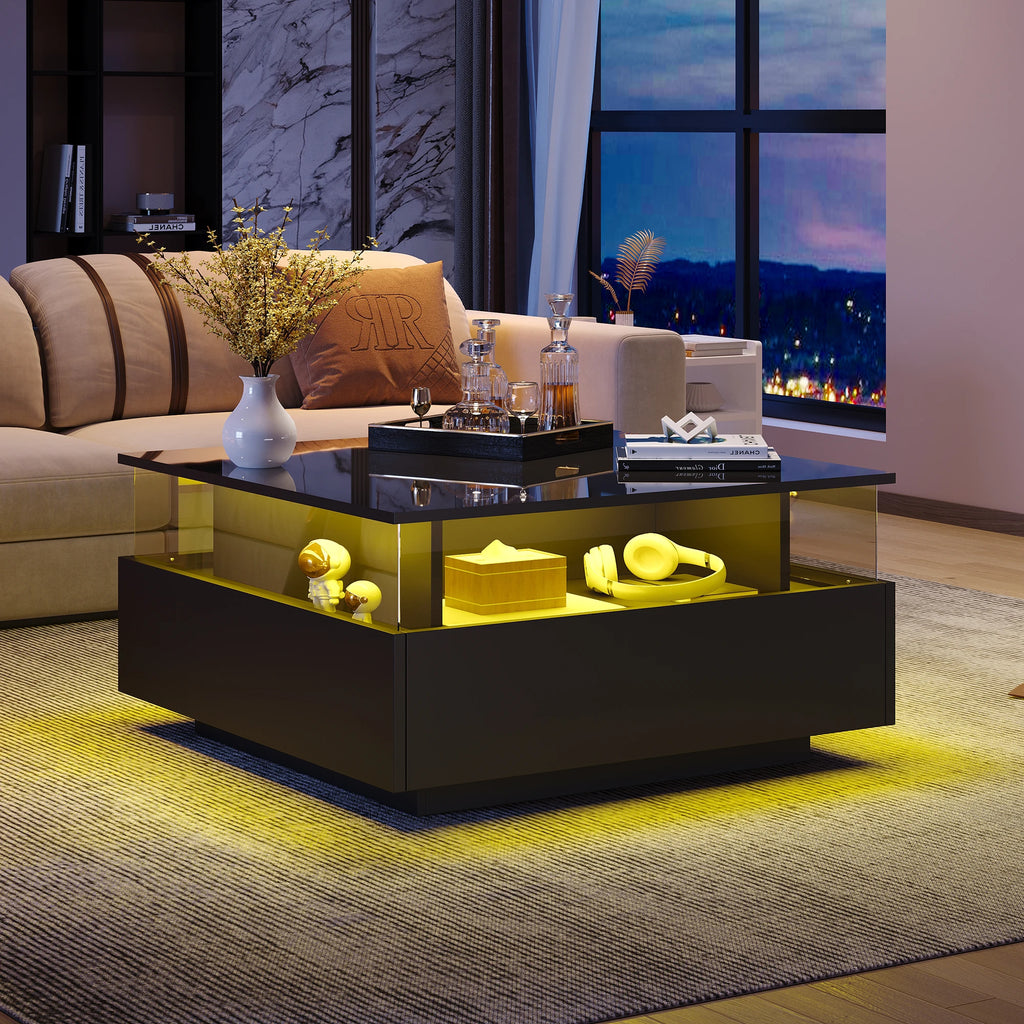 Table Basse Design LED Carrée – Zone d'Affichage Transparente, 2 Tiroirs & Haute Brillance | Noctua