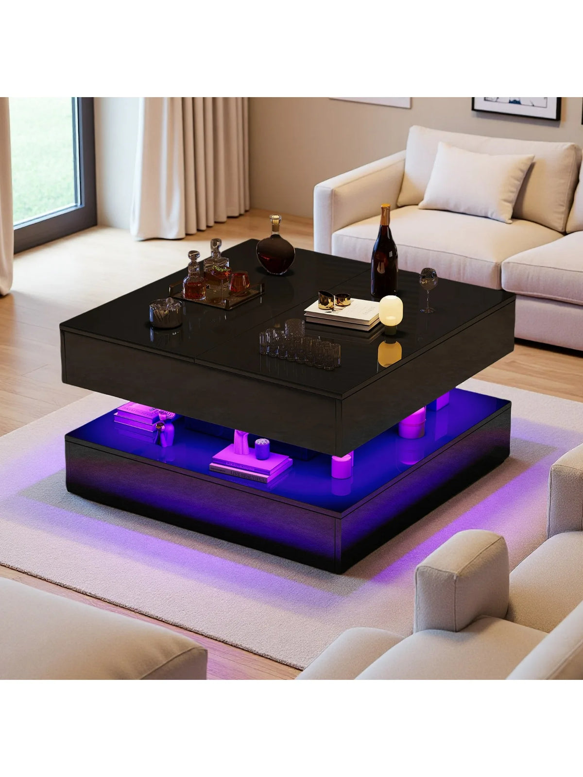 Table Basse Design Carrée LED – Tiroirs, Finition Haute Brillance Noir & Blanc | Rubis