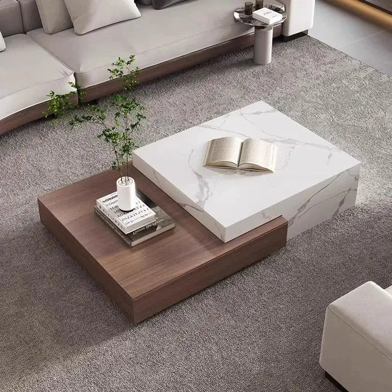 Table Basse Design Luxe – Plateau Marbre, Base Noyer & Rangement Intégré | Marmo