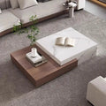 Table Basse Design Luxe – Plateau Marbre, Base Noyer & Rangement Intégré | Marmo