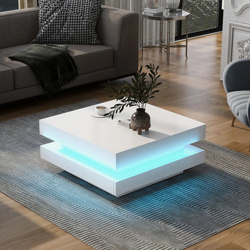 Table Basse Design Carrée – Plateau Rotatif, LED Bluetooth & Finition Blanche Premium | Zenith
