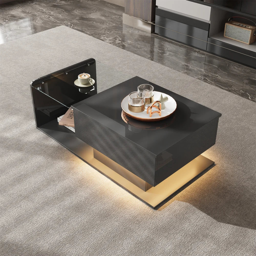 Table Basse Design Noire Relevable LED – Rangement Compartiments & Finition Brillante | Eclipse