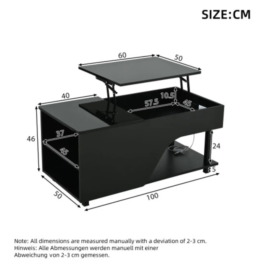 Table Basse Design LED – Plateau Élévatoire, Rangement Dissimulé & Étagère Latérale | Altus