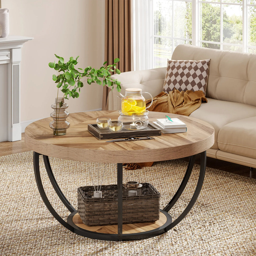 Table Basse Design Ronde Industrielle – 2 Niveaux Bois, 80 cm & 4 Coloris | Grove