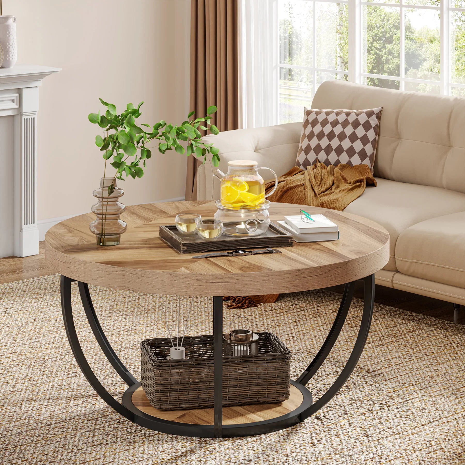 Table Basse Design Ronde Industrielle – 2 Niveaux Bois, 80 cm & 4 Coloris | Grove