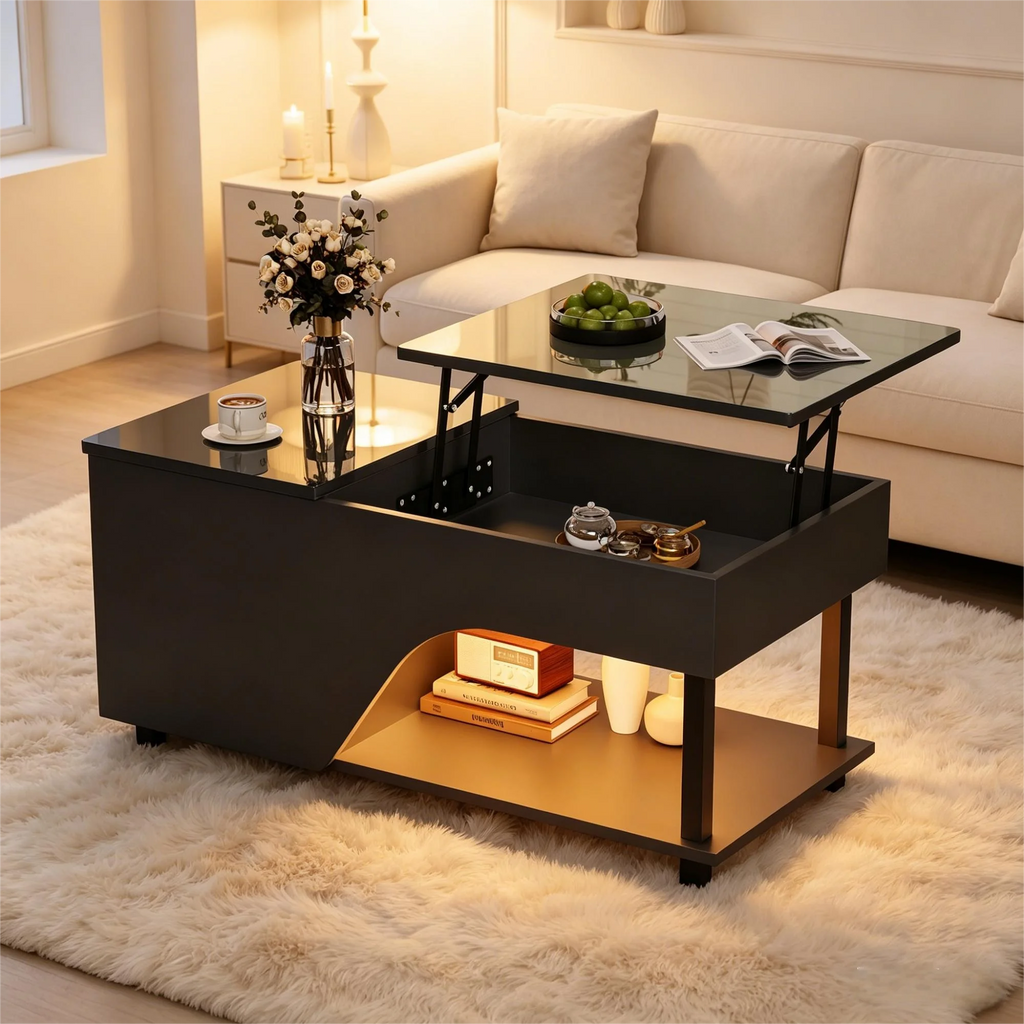 Table Basse Design LED – Plateau Élévatoire, Rangement Dissimulé & Étagère Latérale | Altus