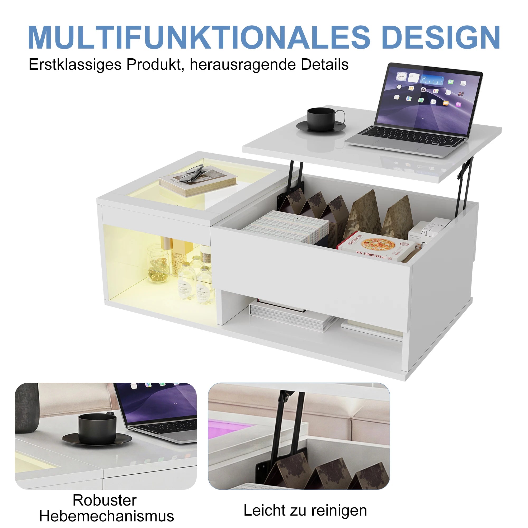 Table basse moderne Fangange - Table de salon avec fonction de levage (élévation de 15 cm), table de canapé avec éclairage LED - Design tendance - Blanc