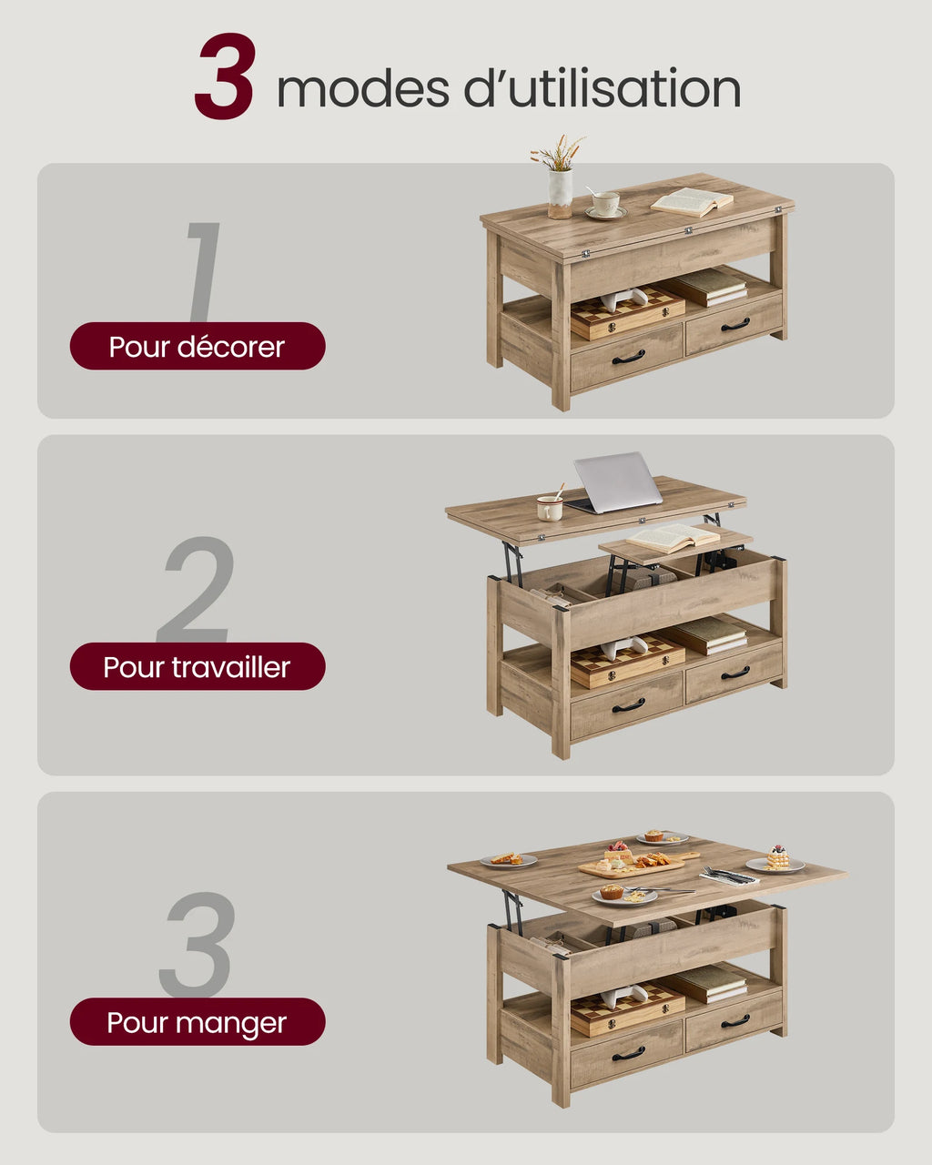 Table Basse Design Relevable – Vérin à Gaz, 2 Tiroirs, 4 Compartiments & Bois Naturel | Lift