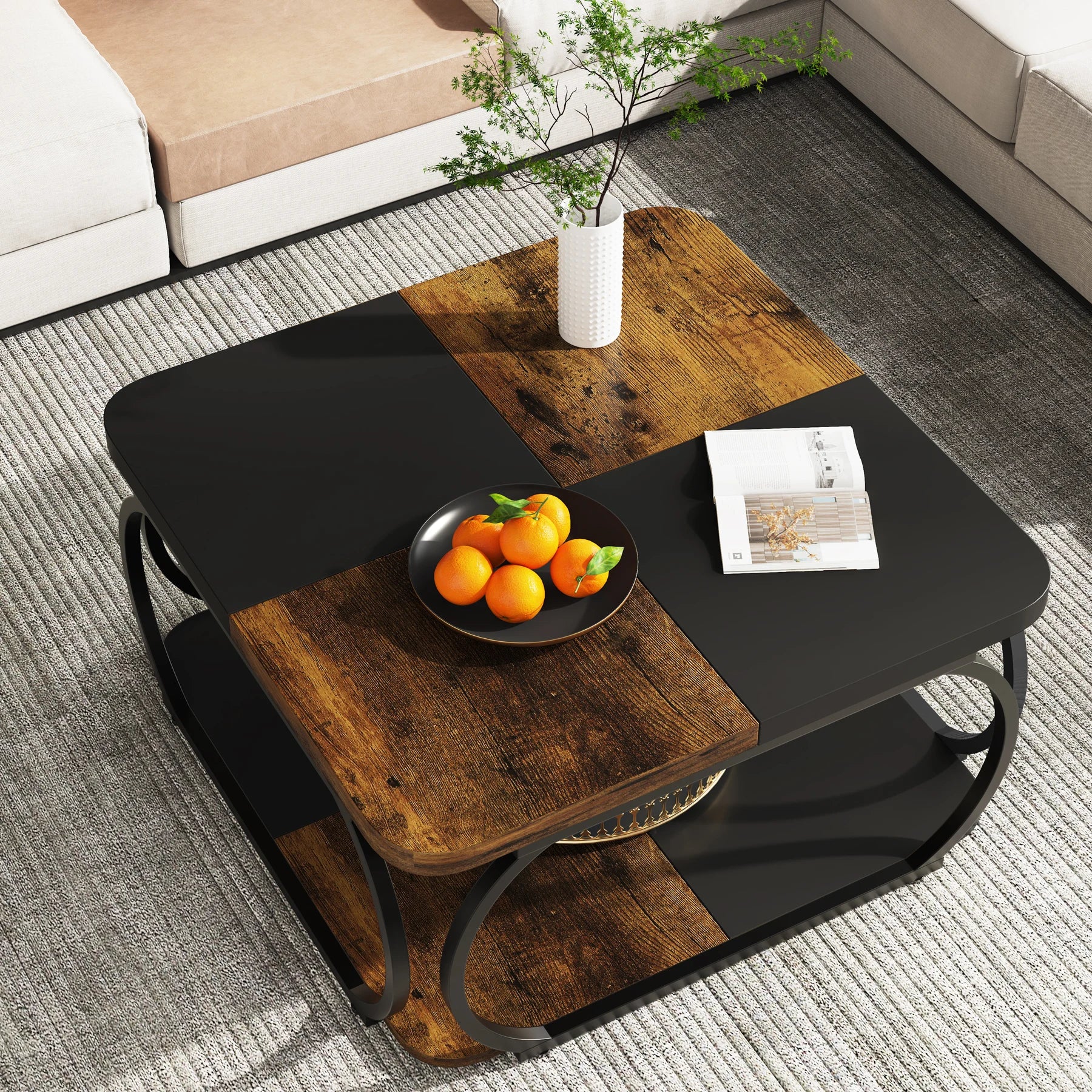 Table Basse Design Industrielle – Métal Robuste, 2 Niveaux Bois & Style Farmhouse | Forge