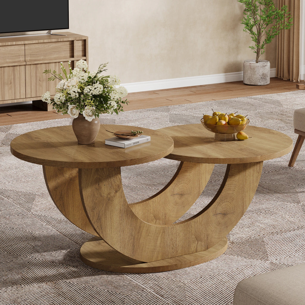 Table Basse Design Ronde – Cadre en U Original, 46 Pouces & Bois Chêne Naturel | Orbit