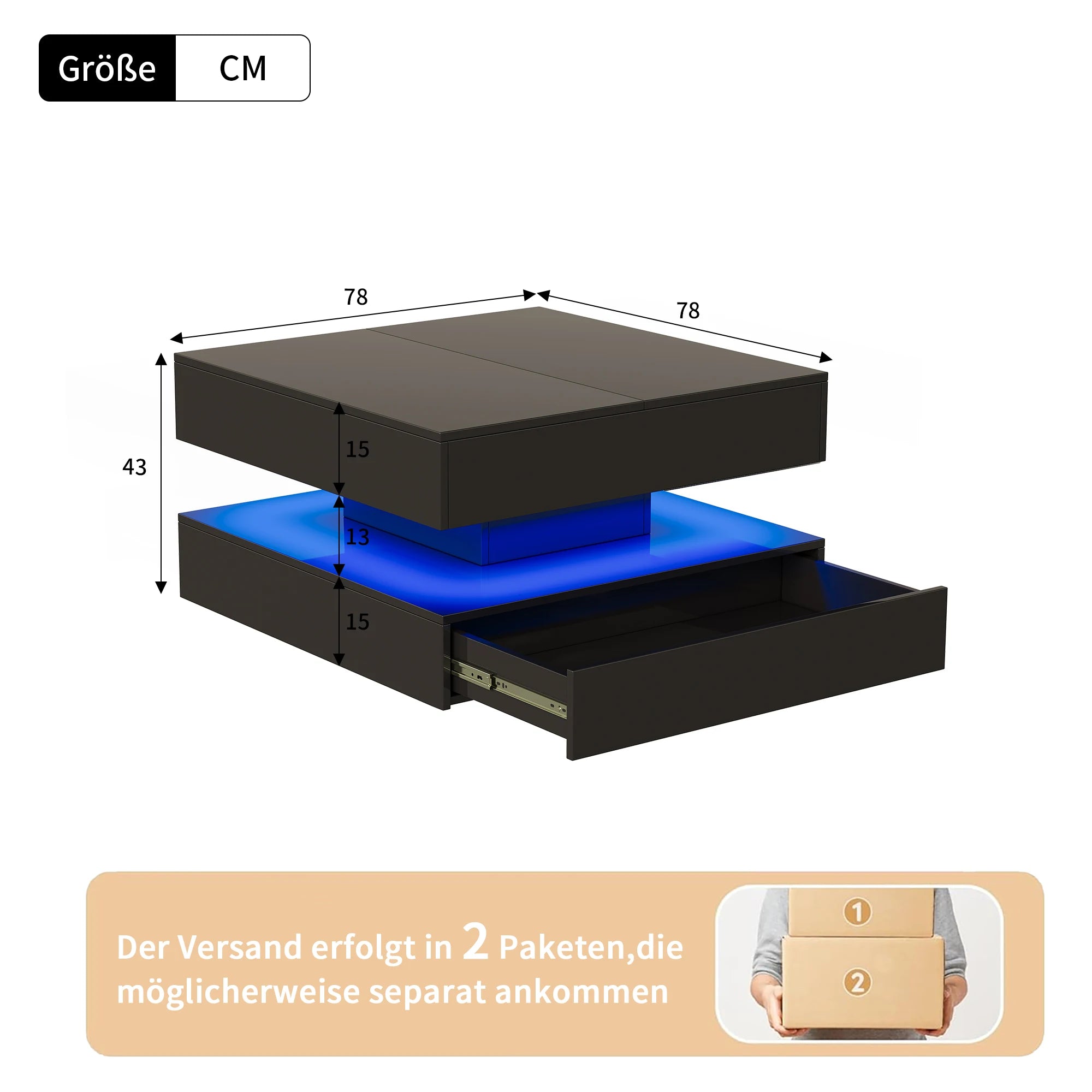Table Basse Design Carrée LED – Tiroirs, Finition Haute Brillance Noir & Blanc | Rubis
