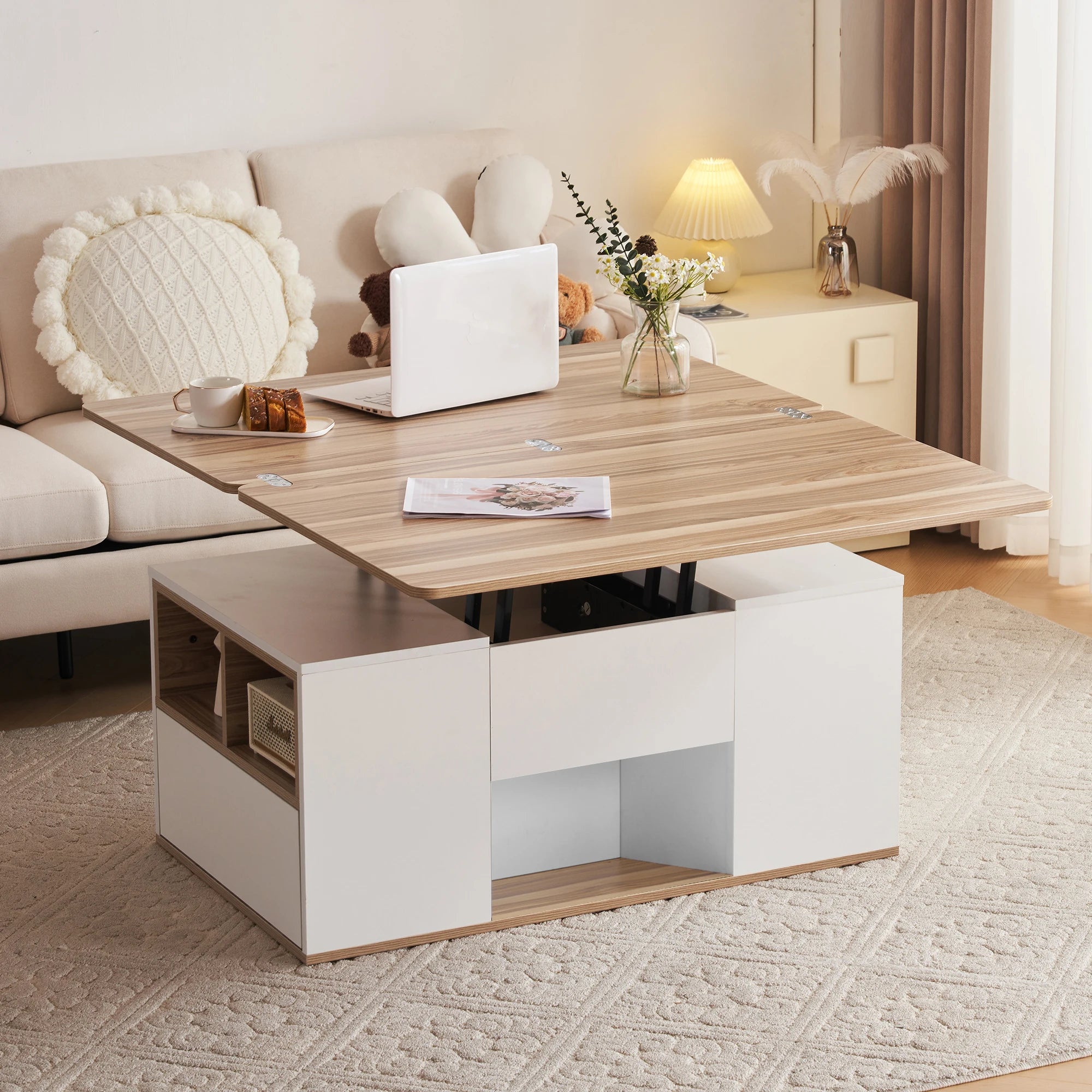 Table Basse Design Multifonction – 2 Plateaux Séparables, Relevable & Tiroir de Rangement | Dualys
