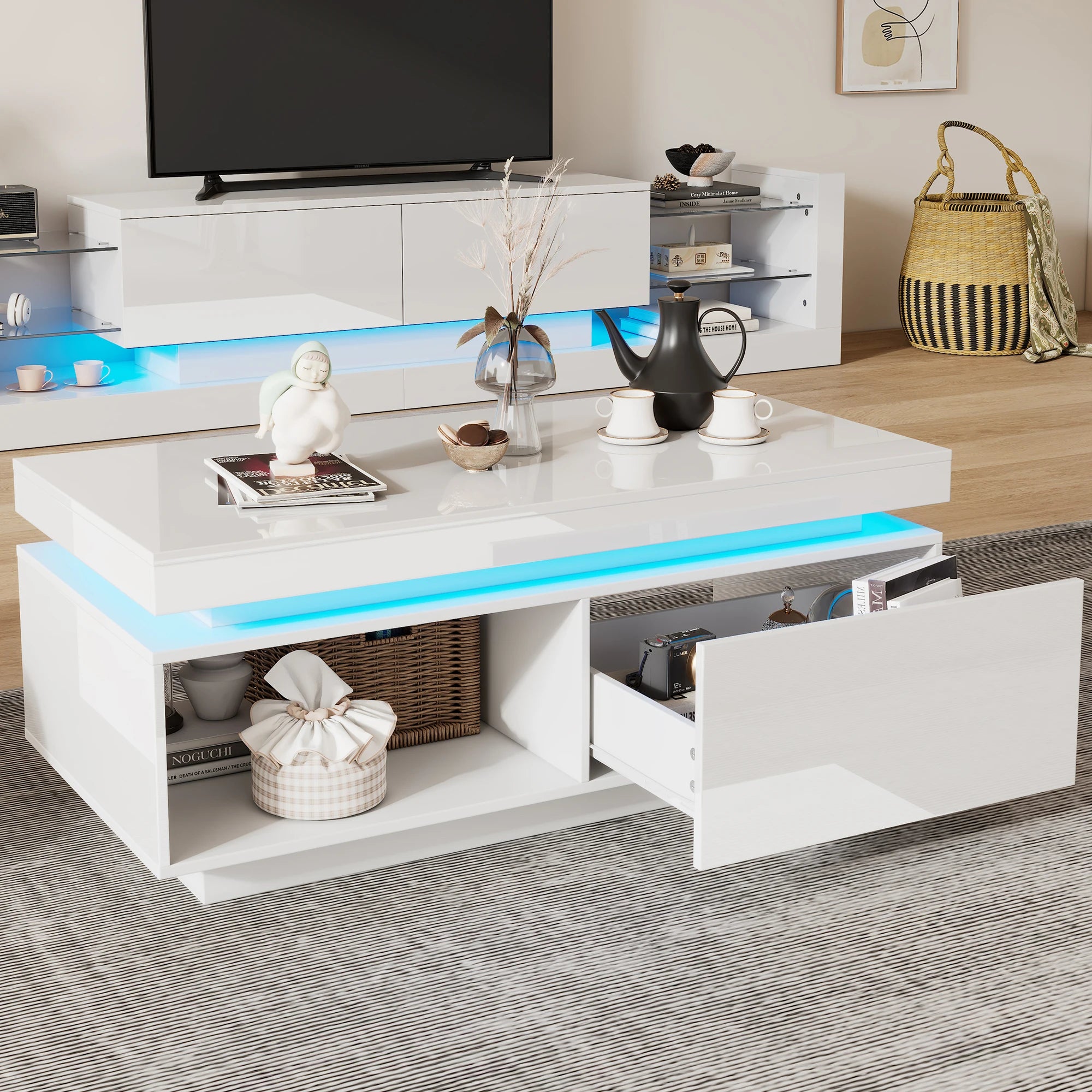 Table Basse Design Blanche LED – Finition Haute Brillance, Tiroir & Capacité 50 kg | Blanc Satin