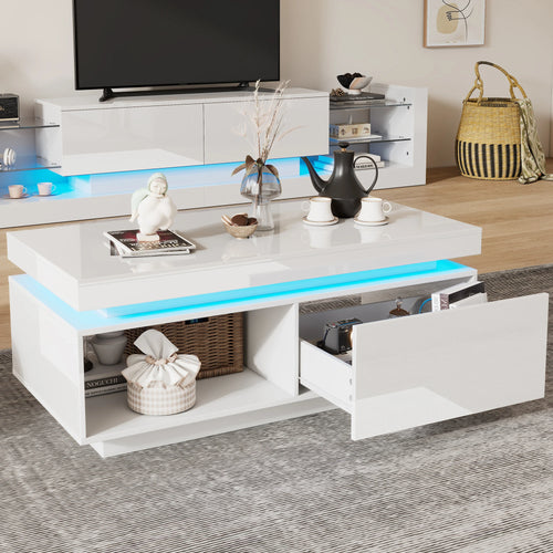 Table Basse Design Blanche LED – Finition Haute Brillance, Tiroir & Capacité 50 kg | Blanc Satin