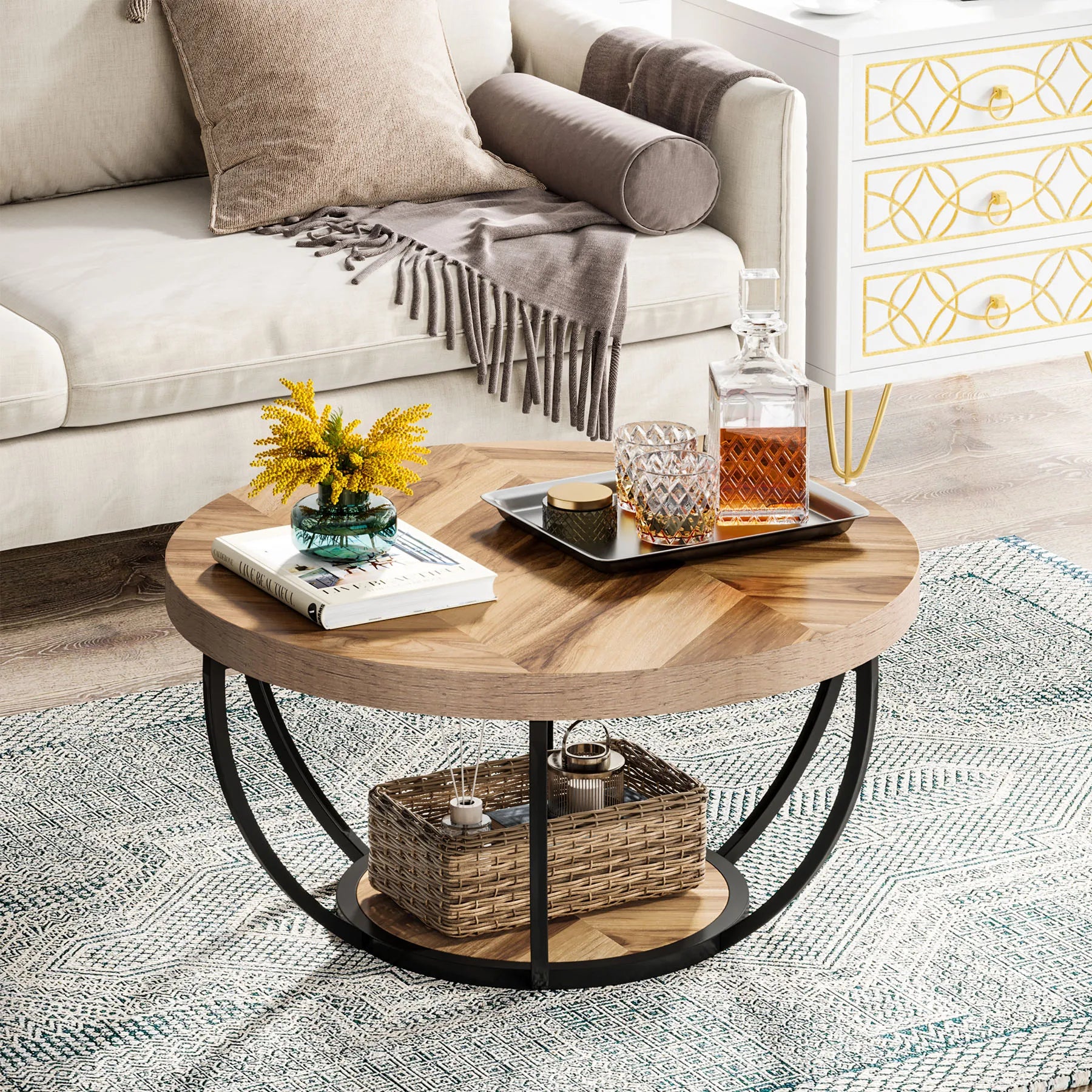 Table Basse Design Ronde Industrielle – 2 Niveaux Bois, 80 cm & 4 Coloris | Grove