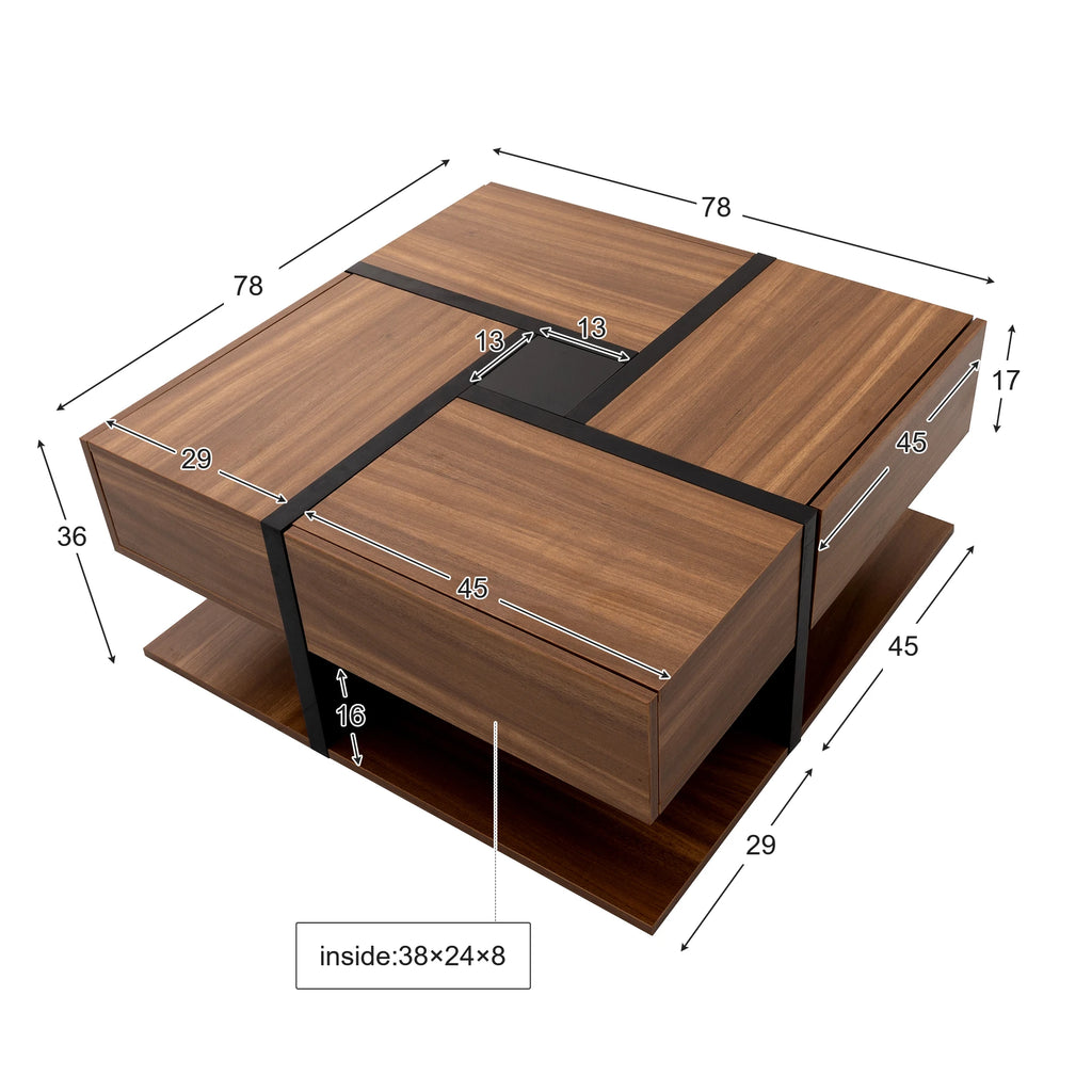 Table Basse Design Carrée – 4 Tiroirs, Étagère Intégrée & Finition Naturelle | Acajou