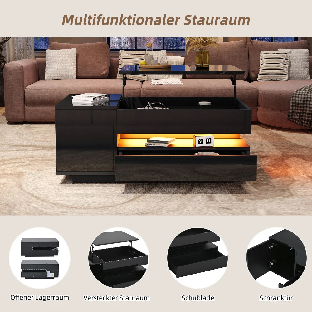 Table Basse Design Noire – Plateau Relevable, LED, Tiroir & Armoire de Rangement | Phantom