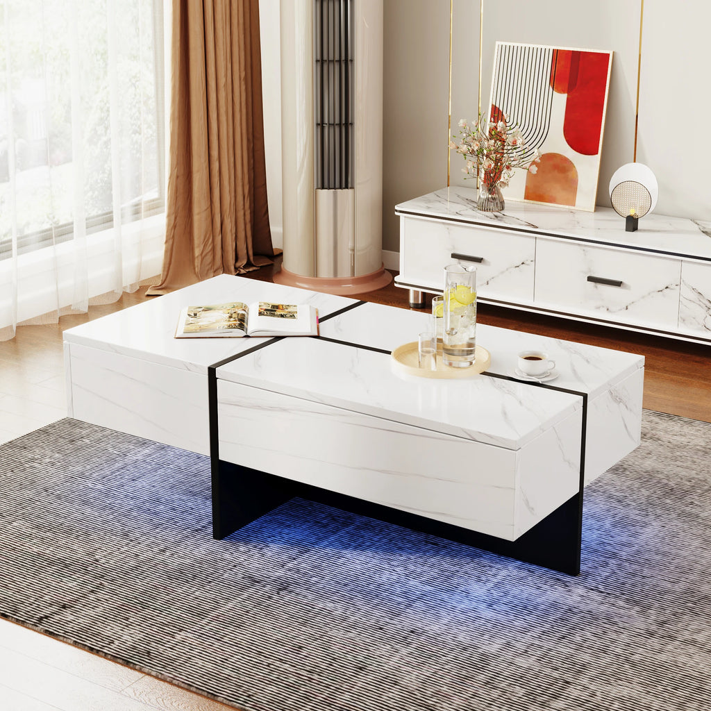 Table Basse Design Marbre Blanc LED – Éclairage Appli, 100×50 cm & Finition Luxe | Calacatta