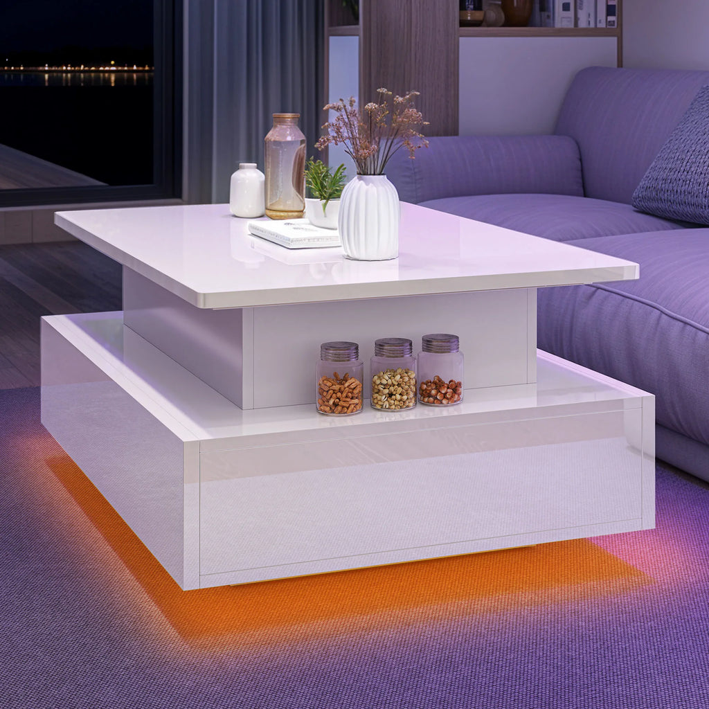 Table Basse Design LED – Plateau Relevable, 16 Couleurs & 2 Tiroirs Premium | Aurora